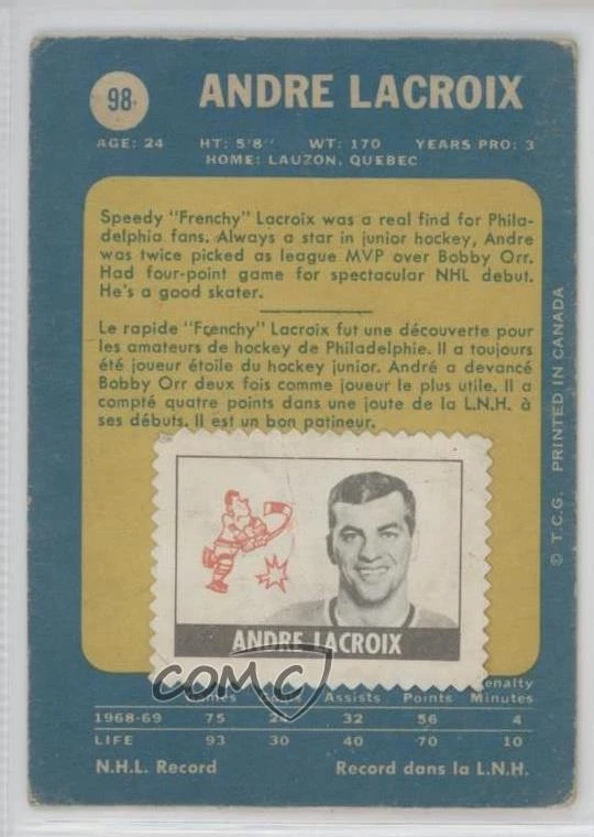 1969-70 O-Pee-Chee With Player Stamp Andre Lacroix #98 - Image 2 of 2