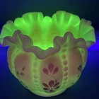 Fenton Hand Painted Signed Pink & White Ruffled UV Glow Vaseline Hobnail Vase 5"