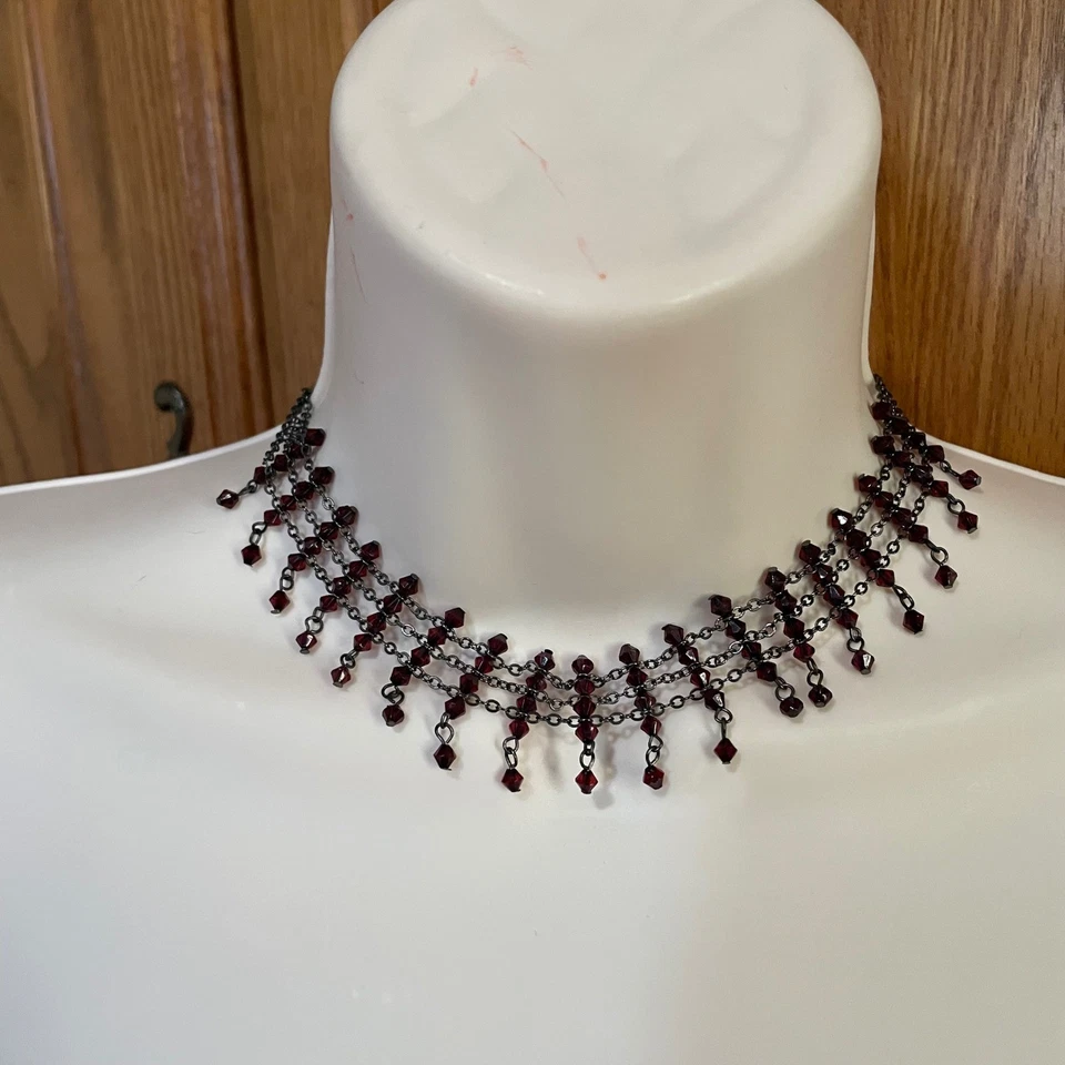 Y2K goth deep Red beaded Choker Necklace Multi Layered Chain Adjustable Clasp - Image 2 of 4