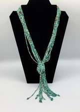 Glass Turquoise Seed Bead Necklace Boho Multi-strand Knotted Tassel 17 Long