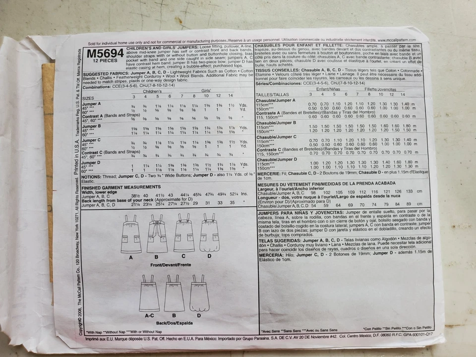 McCalls Pattern 5694 Girls Dress Jumper A-Line Pockets Childs 7 8 10 12 14 UNCUT - Image 3 of 4