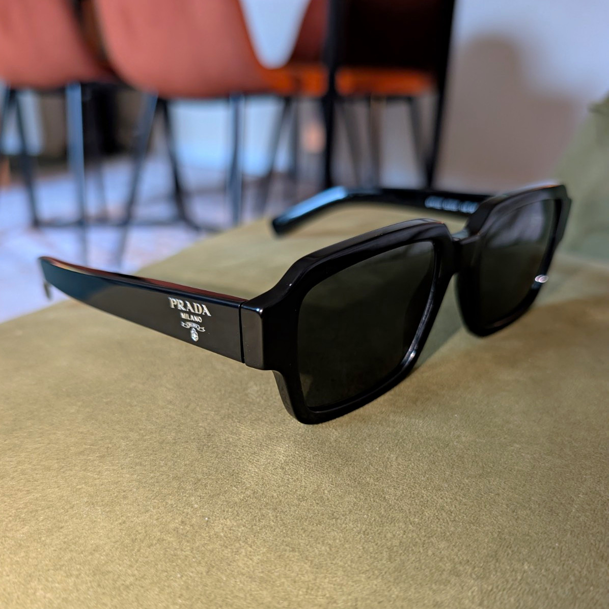 PRADA PR 02ZS 1AB06T Square Sunglasses Black Frame Green Tinted RRP£241