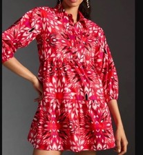 Anthropologie Bettina Tiered Mini Shirt Dress by Maeve Red Motif Size XL