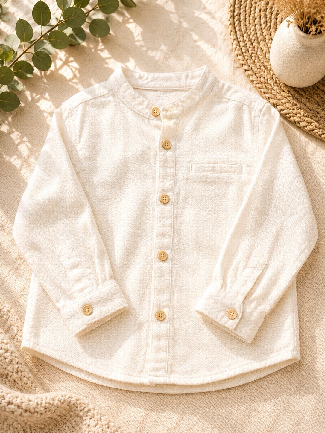 Zara White Cotton Collarless Button-Up Shirt 18-24 Months Long Sleeve Unisex