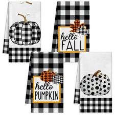 4 Pcs Fall Kitchen Towels 16 x 24 Inch Thanksgiving Black Plaid Pumpkin Decor...