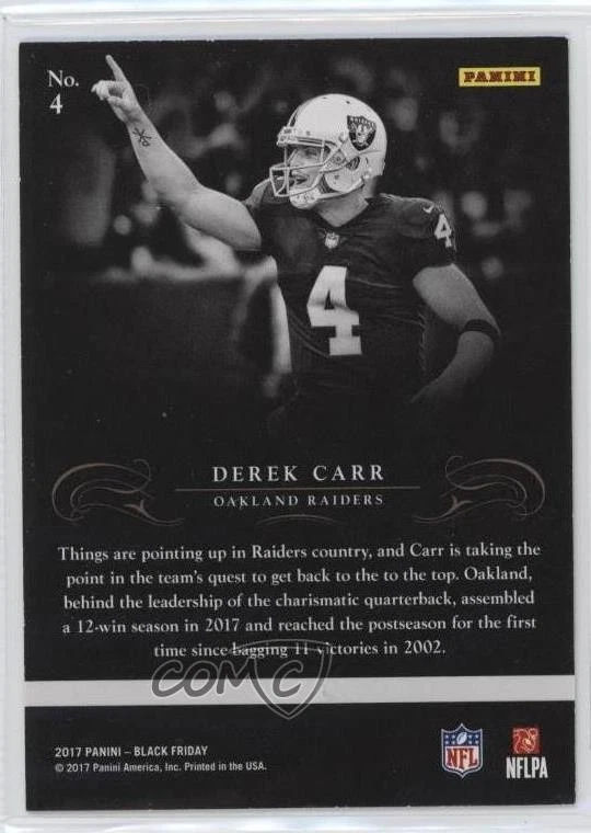 2017 Panini Black Friday Panini Collection Thick Stock /50 Derek Carr #4 - Image 2 of 2