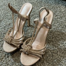 De Blossom Collection Gold Rhinestone Strappy Stiletto Heels Synthetic 8.5