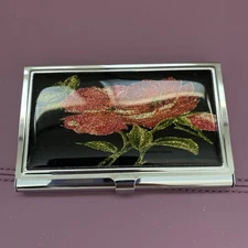 Vintage Card Holder With Flower Design In Black Enamel