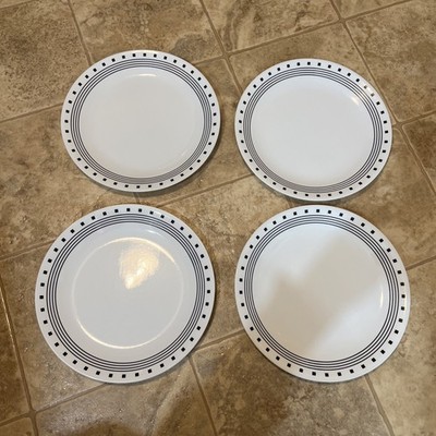 Corelle Corning City Block Pattern 10 1/4  Dinner Plates Lot Of 4 White & Black