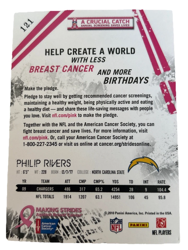 2010 Breast Cancer Awareness A Crucial Catch Panini Philip Rivers #121 - Image 2 of 2