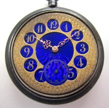 Antique 1904 Longines Cobalt Blue Pocket Watch Open Face Rotary Dial Gun Metal