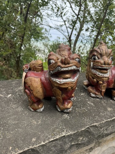 Coppia di statue cane foo guardiano tailandese in legno intagliato vintage - Foto 3 di 23