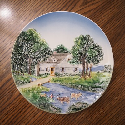 Vintage German Majolica 3D Country Scene Collector Wall Platter  9 1/8''