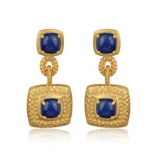 Lapis Lazuli Gemstone 925 Silver Hammered Design Chunky Earrings Jewelry