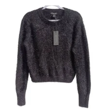 Rachel Zoe Sweater Fuzzy Pullover Black Crew Neck Eyelash Size MEDIUM New NWT