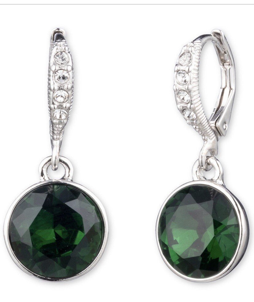 $38 Givenchy Silver Tone green Stone 1” drop earrings JM2 - Main Image