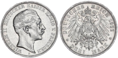 Prusse 3 Mark 1911 A 3 Reichsmark Wilhelm II - Allemande Kaiser, Roi V 105449 - Zdjęcie 1 z 1