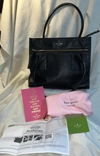 CERTIFIED Kate Spade Black Leather Top Handle Bag W/ Vanity Card, Dust Bag