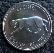 1967 CANADA S CONFEDERATION 25 CENTS .800 SILVER LYNX - Gorgeous Rainbow Blues