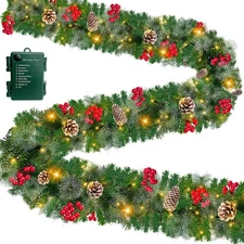 Timer & 8 Modes 9 Ft Prelit Christmas Garland 50 LED Warm White Lights Xmas C...