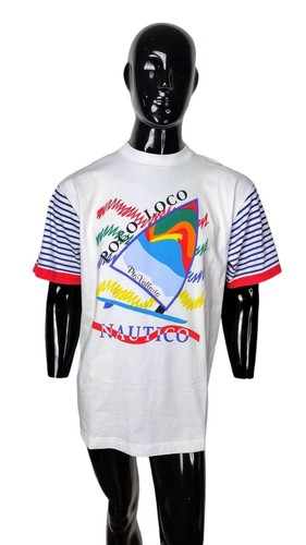 VTG 80s Rainbow Striped Poco Loco Puerto Vallarta Nautico Sailboat Tee L/XL NOS - Picture 4 of 7