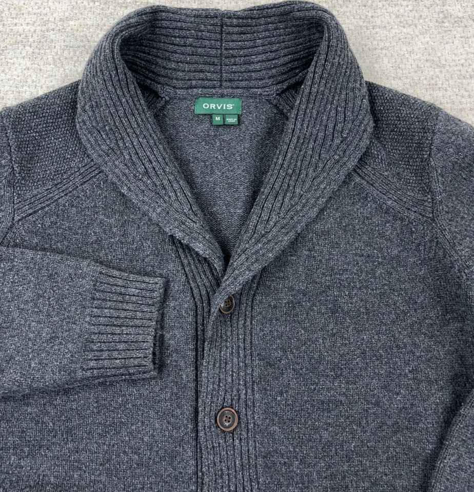 Orvis Cardigan Sweater Men Medium Gray Merino Wool Heavy Grandpa Shawl Neck - Image 2 of 4