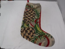 Vtg Peking Handicraft Wool Needlepoint Tapestry Christmas Stocking Cabin Acorns