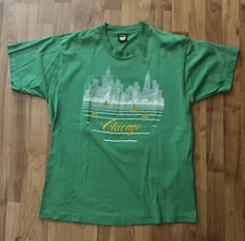 Vintage 80s Chicago Skyline Tourist Tee Green Large Screen Stars Made In USA