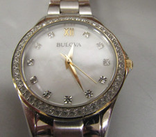Bulova 98X112 Two Tone White MOP Dial Swarovski Crystals Womens Dress Watch