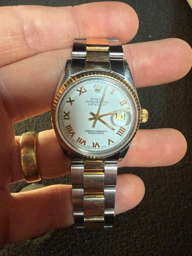 Rolex Datejust 16233 Fluted Bezel Watch 36mm Two-Tone Jubilee White Roman Dial