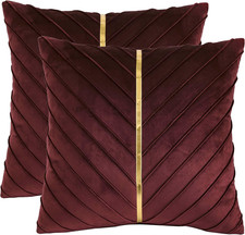 Burgundy Velvet Throw Pillow Covers 18 x18 inch Pack of 2 with Gold Leather Chri