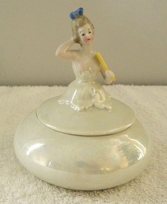 Vintage Lady with Fan, Dresser Half Doll, Germany Powder Jar, Trinket Box
