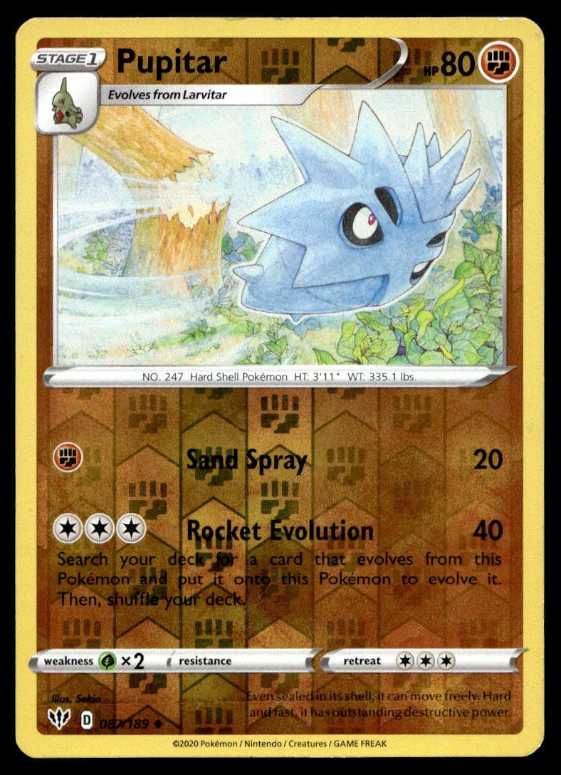 Pupitar 87/189 Pokemon Card Darkness Ablaze Uncommon 80 HP Rev Holo LP GG