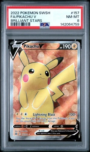 142064759 Pikachu V 2022 Pokemon Sword & Shield Brilliant Stars #157 PSA 8