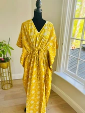 Yellow Floral Print Cotton Hippie Maxi Women Nightwear Caftan Dress Long Kaftan