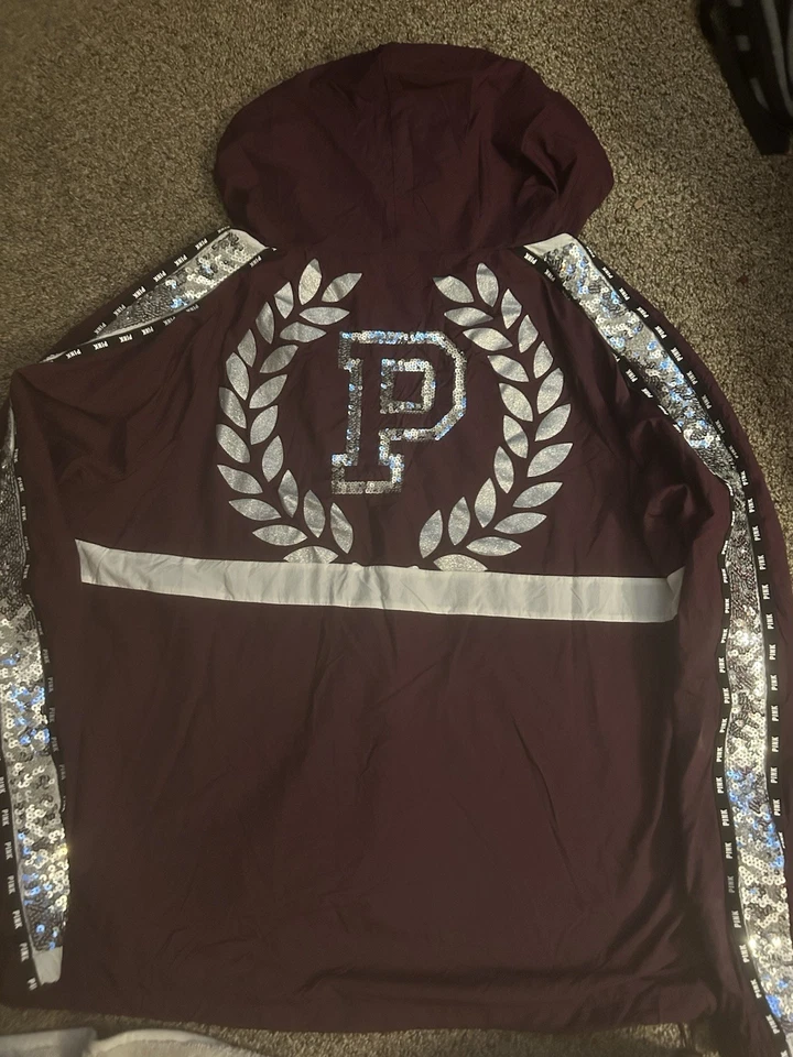 Chaqueta Victoria's Secret ROSA Granate Lentejuelas Lámina Brillante Forrada Anorak Talla M/L Foto 4 de 4