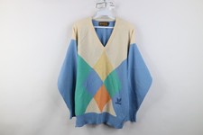 Vtg 70s Streetwear Mens 44 Pastel Argyle Diamond Lambswool Knit V-Neck Sweater
