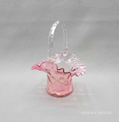 Vintage Fenton Decorative Cranberry Diamond Pattern Basket w/ Handle 8.5"