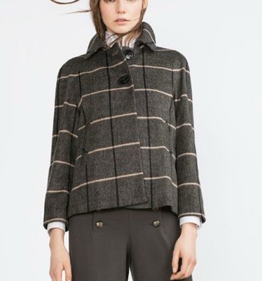 Zara Womens Short Coat XS Gray Checked Plaid Wool Blend 2 Button Front Swing
