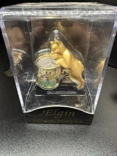 Elgin Quartz Gold Cat Figurine Fishbowl Collectable Mini Clock in Display Case