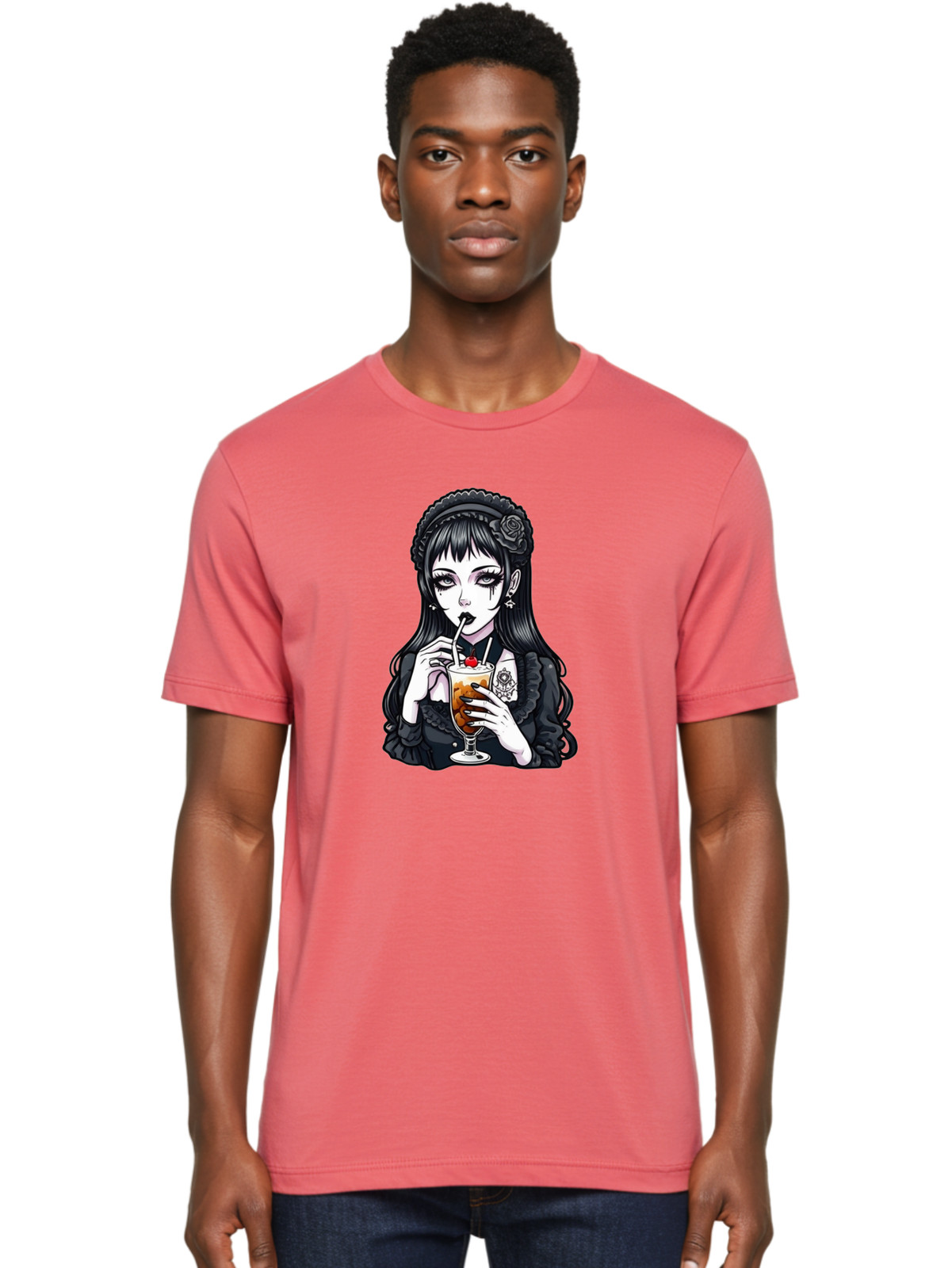 Gothic Girl Drinking Mens Graphic Tee 100% Cotton Casual Summer Wear