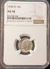 1950-D Roosevelt Dime 10C Silver NGC AU58 Circulated Business Cert #8352908-004