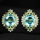Precious Sky Blue Aquamarine 17.70Ct 925 Sterling Silver 24K Gold Halo Earrings