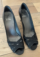 Stuart Weitzman Sz 7M Womens Patent Leather Black Peep Toe Pumps Elastic Strap