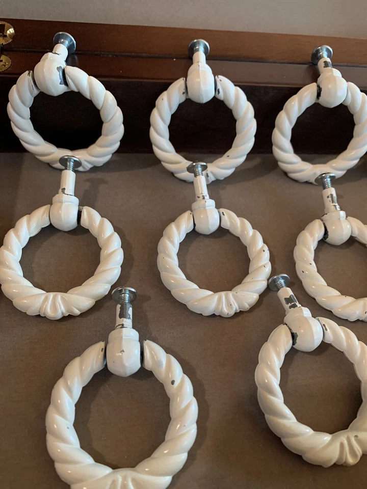 11 Vintage Antique Bronze Cabinet Furniture Drop Ring Drawer Pulls Twisted Rope - Image 3 of 4