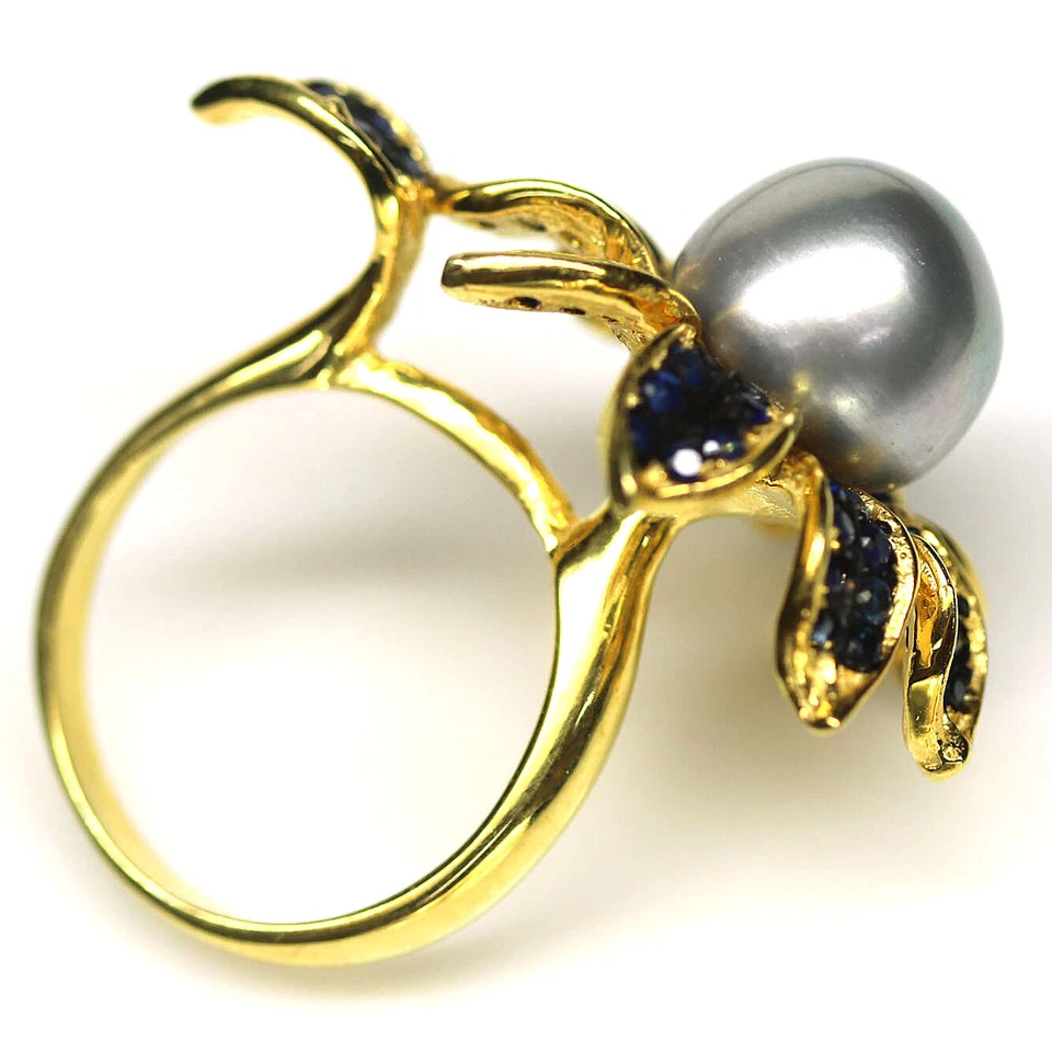 925 Sterling Silber 10 Mm. Graue Perle & Blaue Saphir Schmuckring Größe 6.25 - Bild 3 von 4