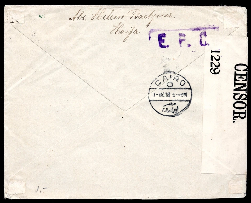 PALESTINE 1918 HAIFA EARLY POST WAR E.E.F CANCEL TYING 1 PIASTER ON CENSOR COVER - Image 2 of 2