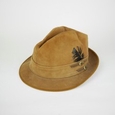 Vtg DOBBS Size 7 1/4 Large Brown tan suede leather FEDORA HAT CAP BLACK FEATHER