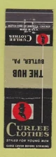 Matchbook Cover - Curlee Men's Clothes The Hub Butler PA