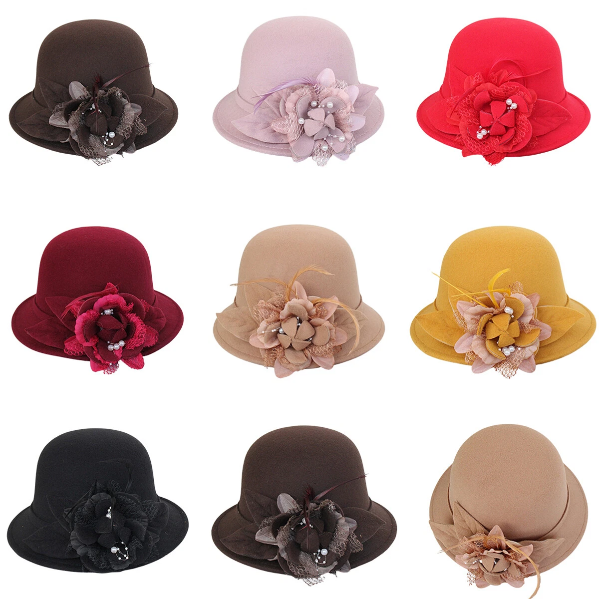 Womens Wool Felt Bucket Caps Elegant Vintage Flower Cloche Church Bowler Hat